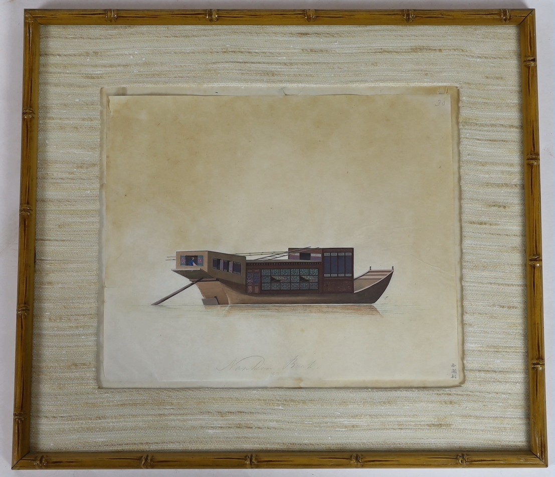 19th century Chinese School, nine gouaches on pith paper, Studies of water-going vessels, inscribed in Chinese and titled in English, giving the names and uses of the various vessels, 29 x 34cm